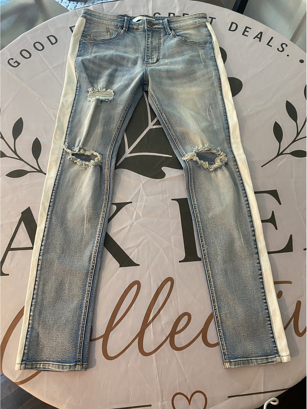 KDNK Light Wash Distressed Skinny Jeans with White Side Stripe, Size 32